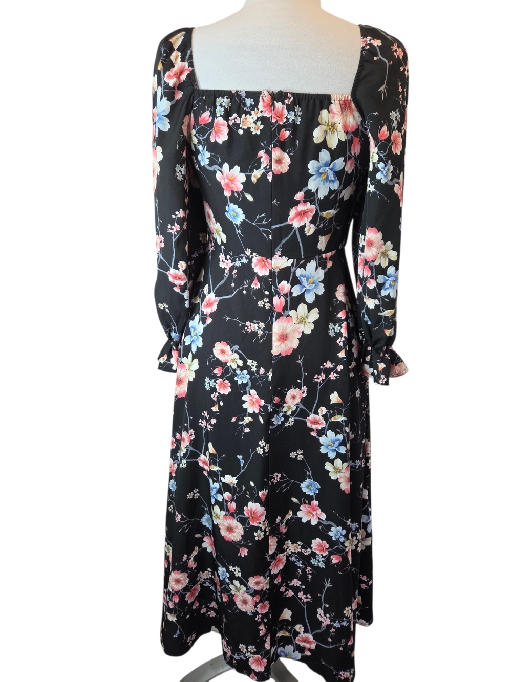 Shein Black Floral Square Neck-Line/Long Sleeve Maxi/Midi Dress Women's Size 6 - Picture 7 of 11